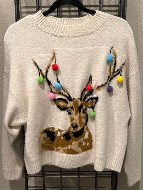 Topshop Cream Reindeer Pom-Pom Crewneck Sweater